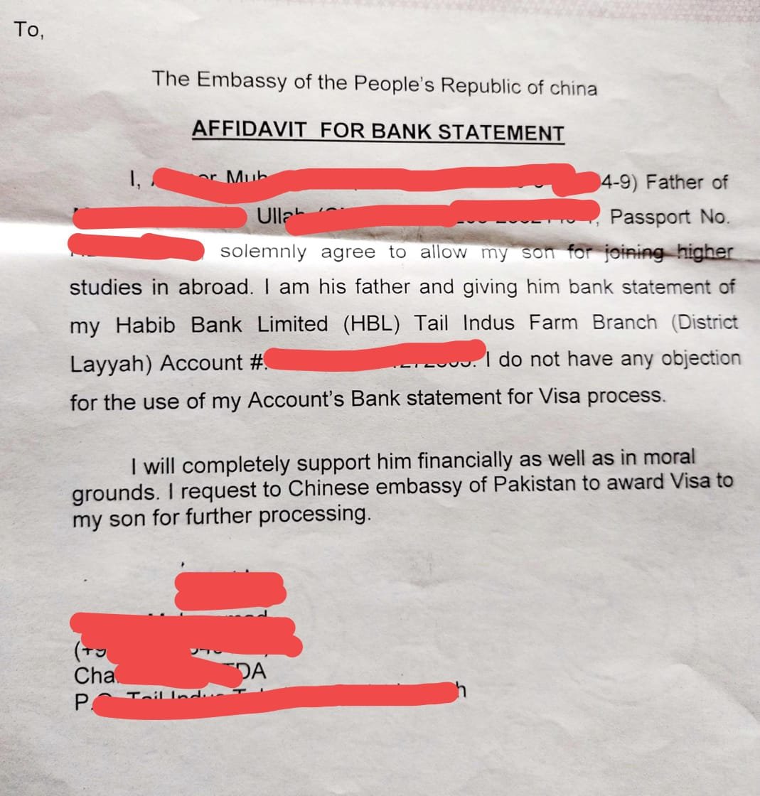 one of the important financial documents you may need is an Affidavit for Bank Statement. This affidavit confirms that your financial sponsor (such as parents or guardians) is supporting your education in China.